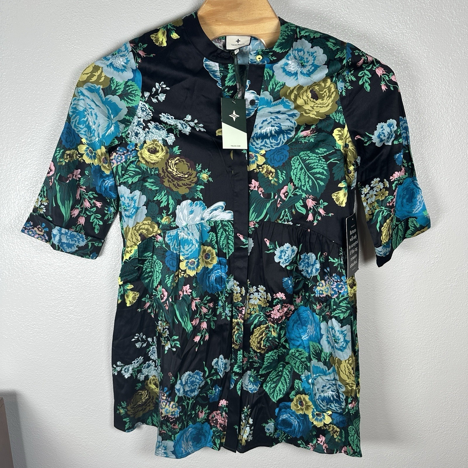 New Tuckernuck Black Verdant Floral Royal Shirt Dress Sz Large Button Up Pockets
